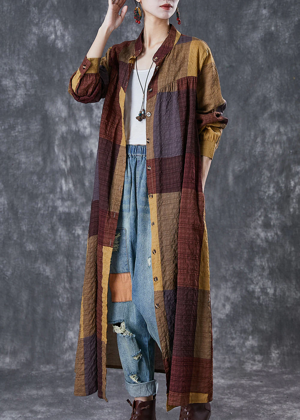 Khaki Plaid Linen Maxi Dresses Oversized Fall - Image 2