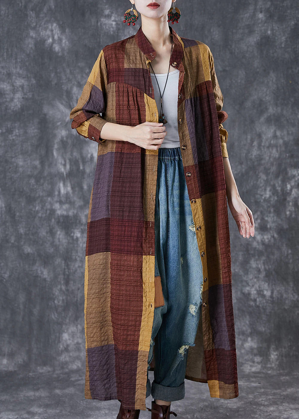 Khaki Plaid Linen Maxi Dresses Oversized Fall - Image 3