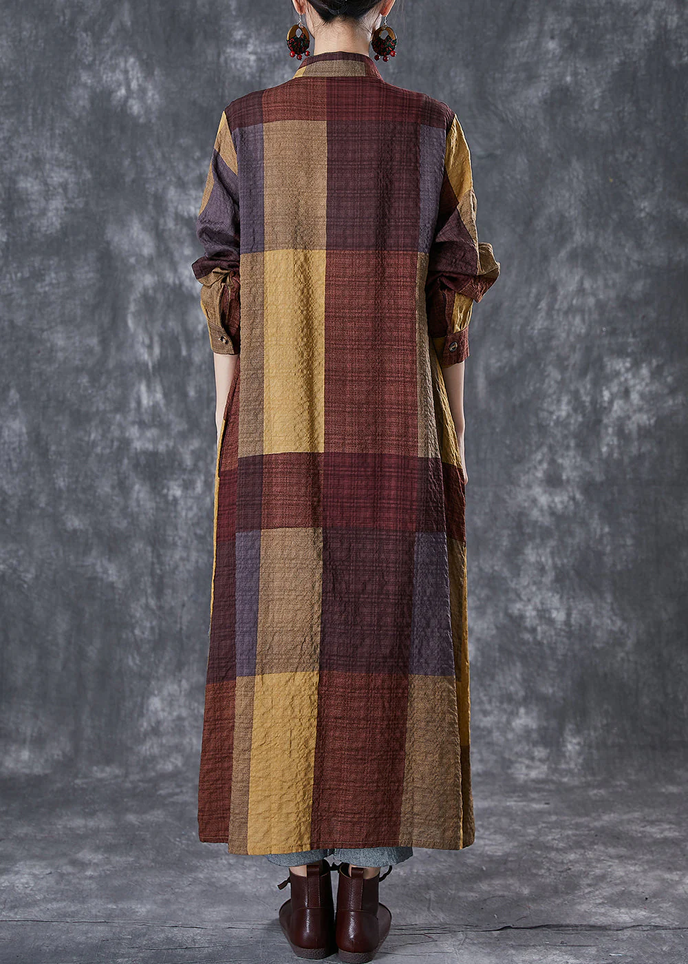 Khaki Plaid Linen Maxi Dresses Oversized Fall - Image 4