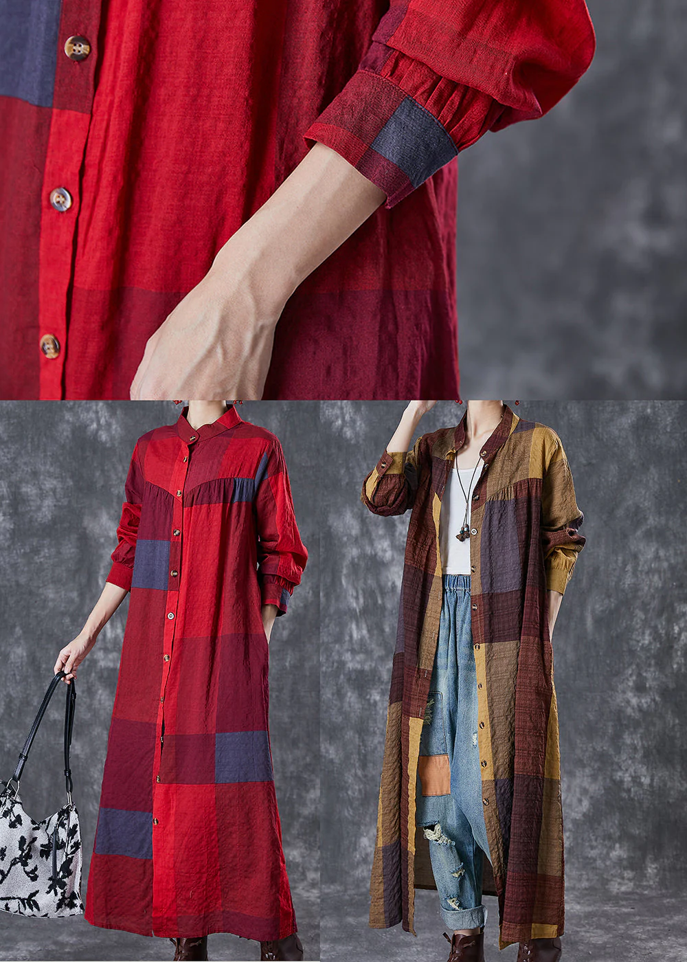 Khaki Plaid Linen Maxi Dresses Oversized Fall - Image 5