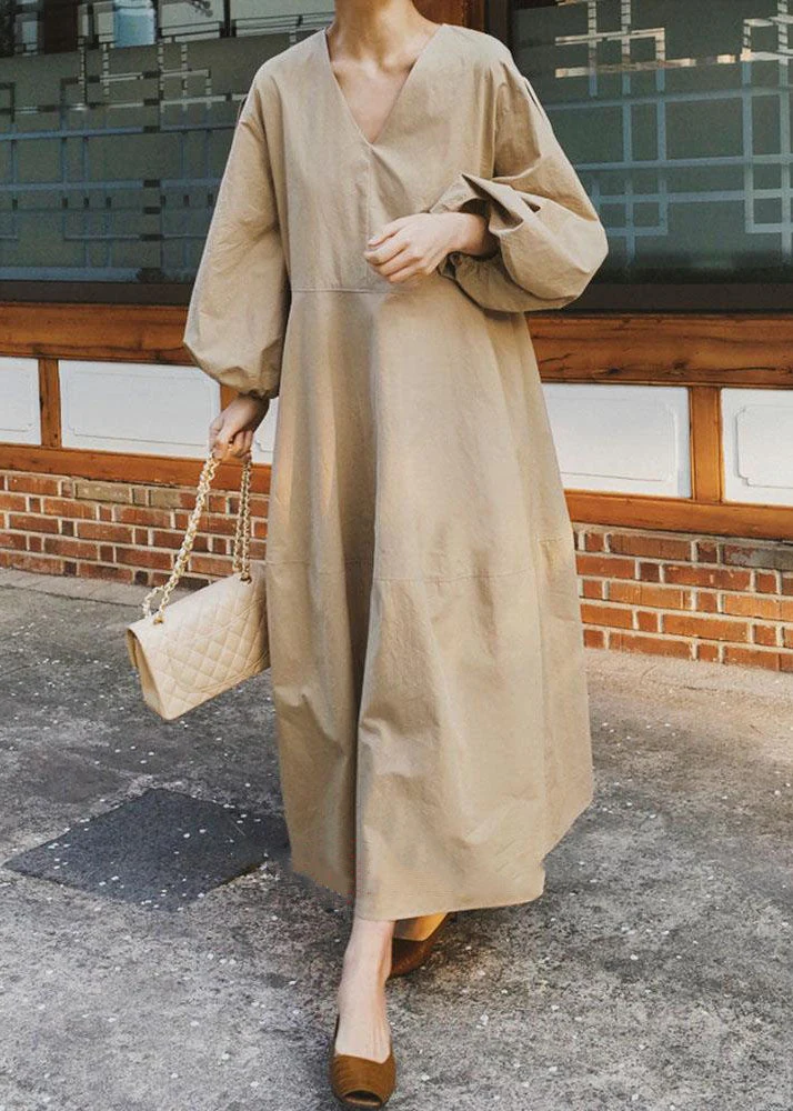 Khaki Pockets Patchwork Cotton Dress Long Sleeve - Image 2
