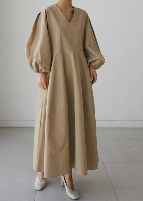 Khaki Pockets Patchwork Cotton Dress Long Sleeve - Image 3