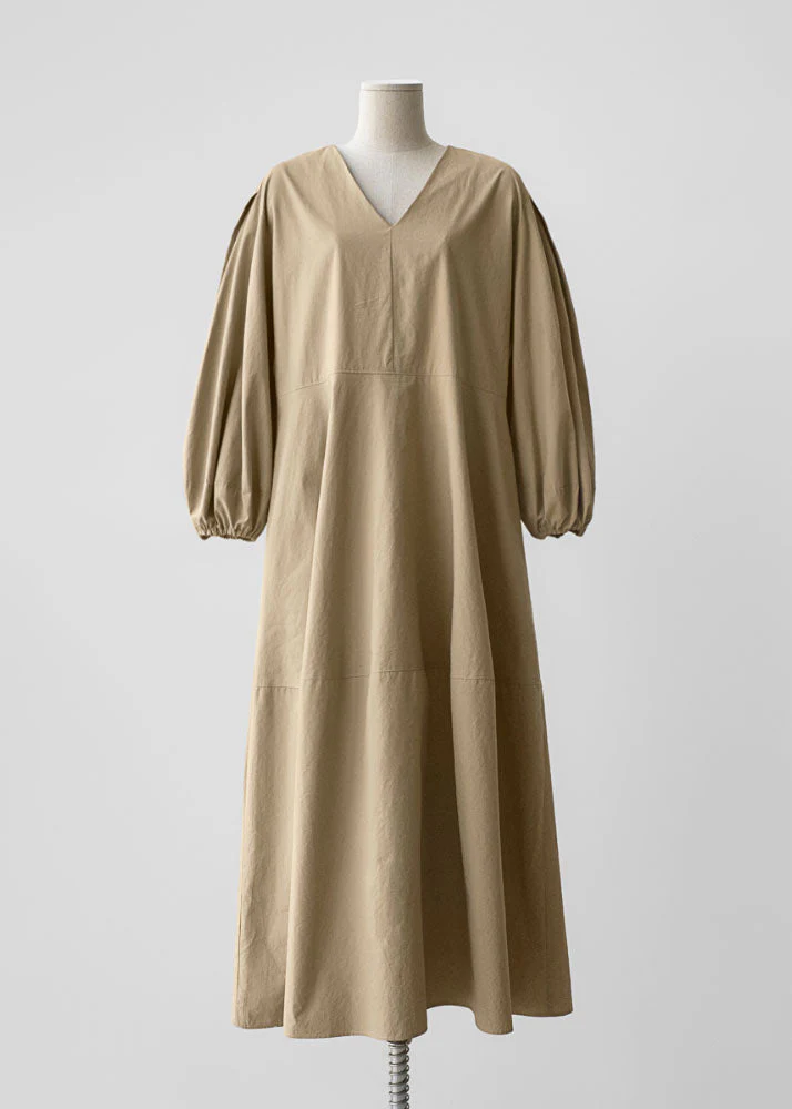 Khaki Pockets Patchwork Cotton Dress Long Sleeve - Image 4