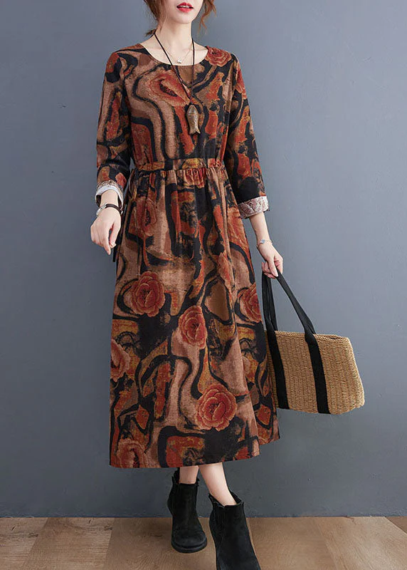 Khaki Pockets Print Cotton Holiday Dress O-Neck Long Sleeve - Image 3