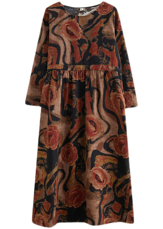 Khaki Pockets Print Cotton Holiday Dress O-Neck Long Sleeve - Image 4