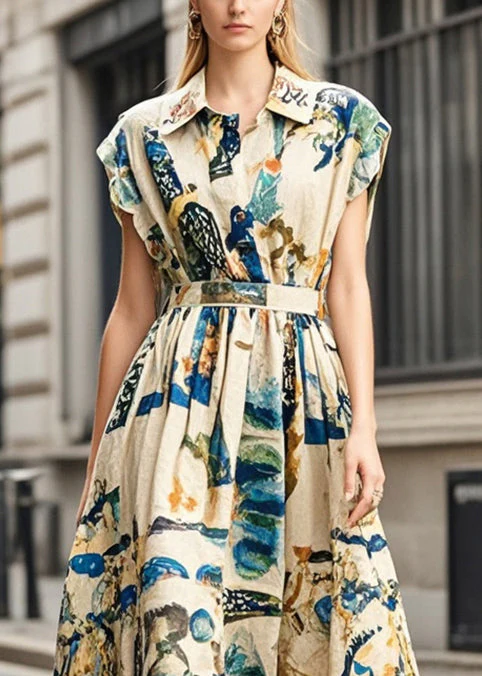 Khaki Print Cotton Cinched Dress Exra Large Hem Sleeveless - Image 2