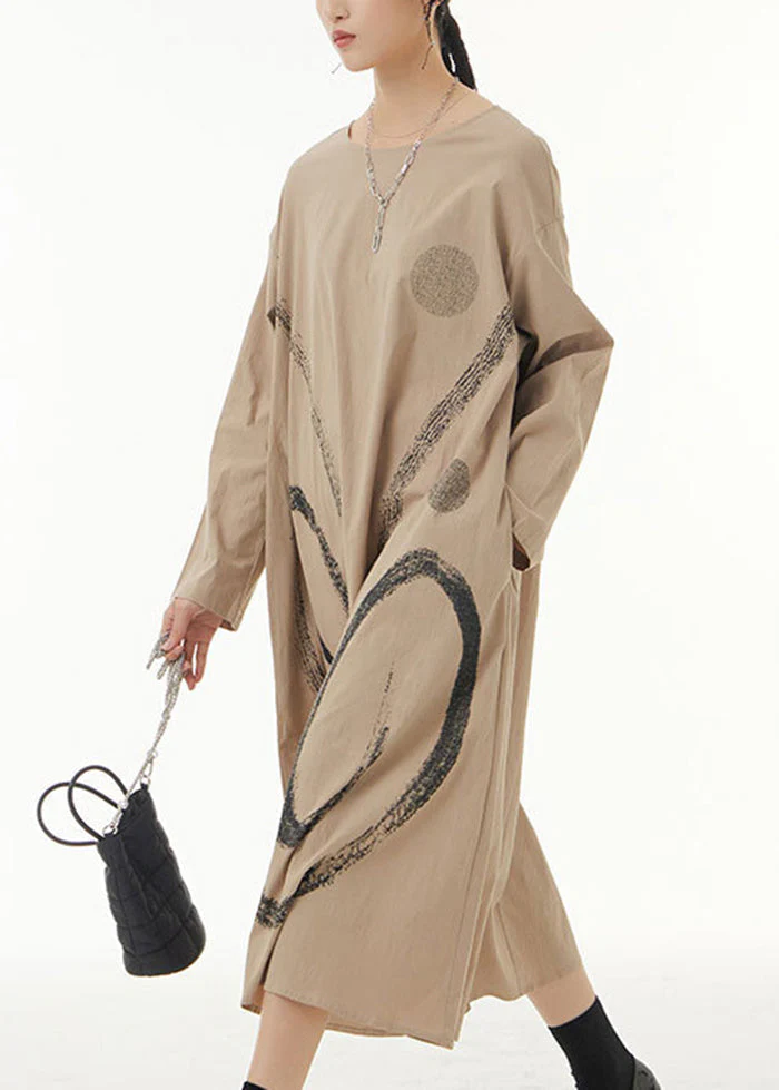 Khaki Print Cotton Long Dress O-Neck Oversized Spring - Image 2