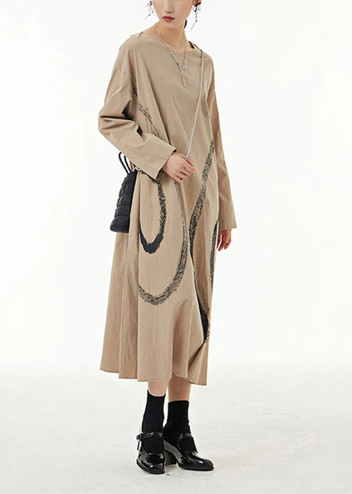 Khaki Print Cotton Long Dress O-Neck Oversized Spring - Image 3