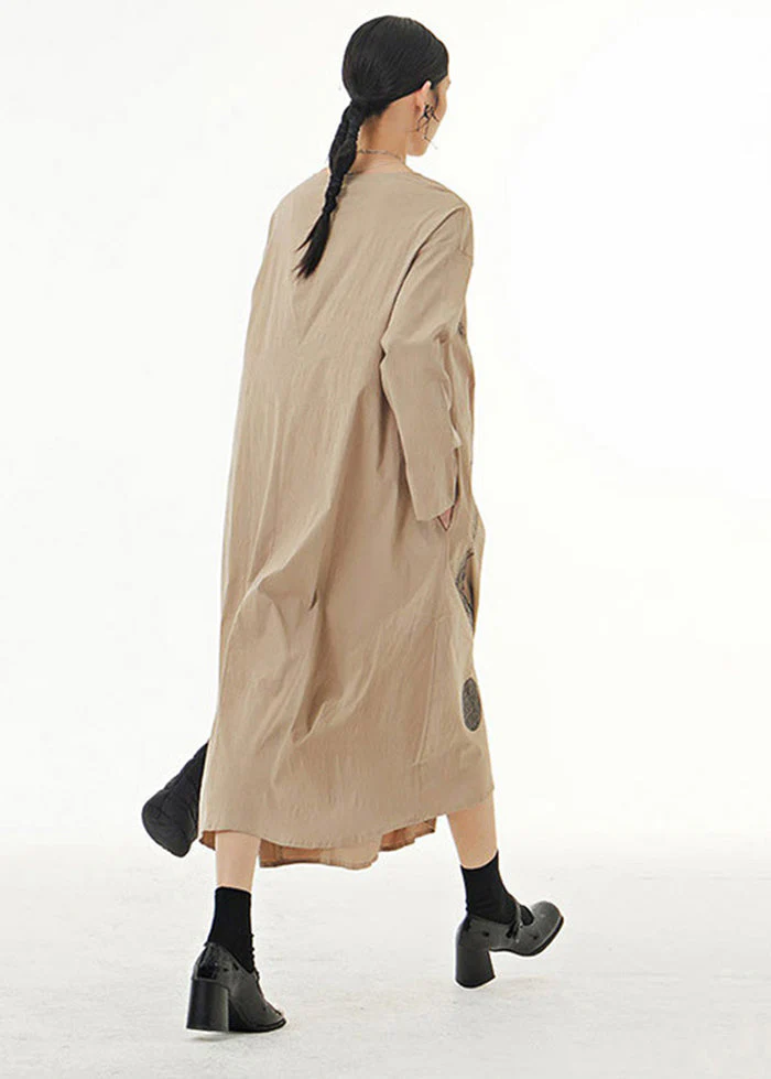 Khaki Print Cotton Long Dress O-Neck Oversized Spring - Image 4