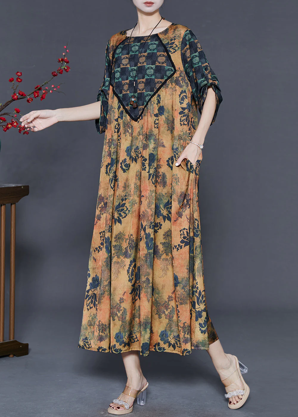 Khaki Print Silk Holiday Dress Oversized Spring - Image 3