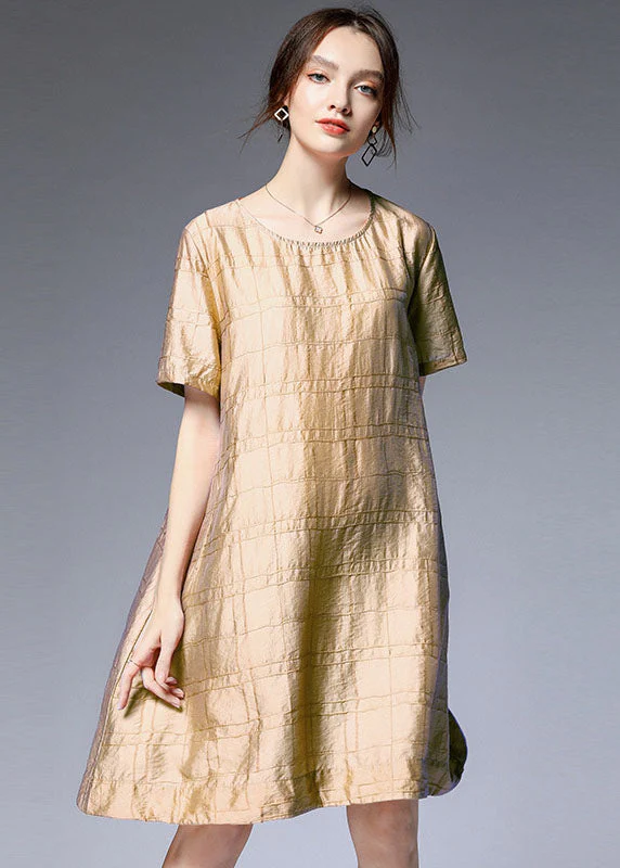 Khaki Silk A Line Dresses O Neck Half Sleeve - Image 3