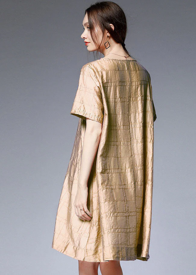Khaki Silk A Line Dresses O Neck Half Sleeve - Image 4