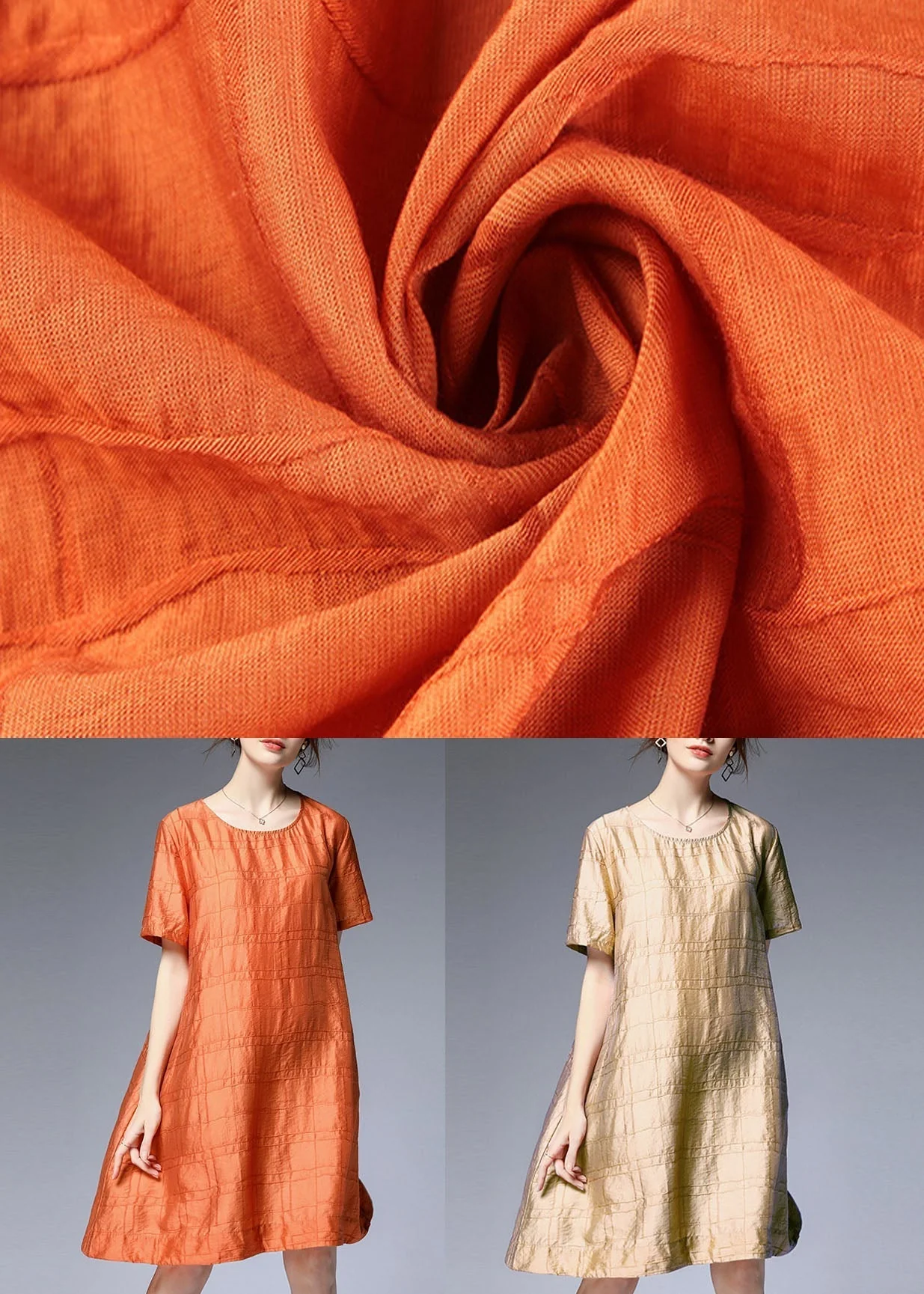 Khaki Silk A Line Dresses O Neck Half Sleeve - Image 5