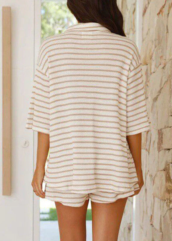 Khaki Striped Butto Shirts And Shorts Two-Piece Set Short Sleeve - Image 4