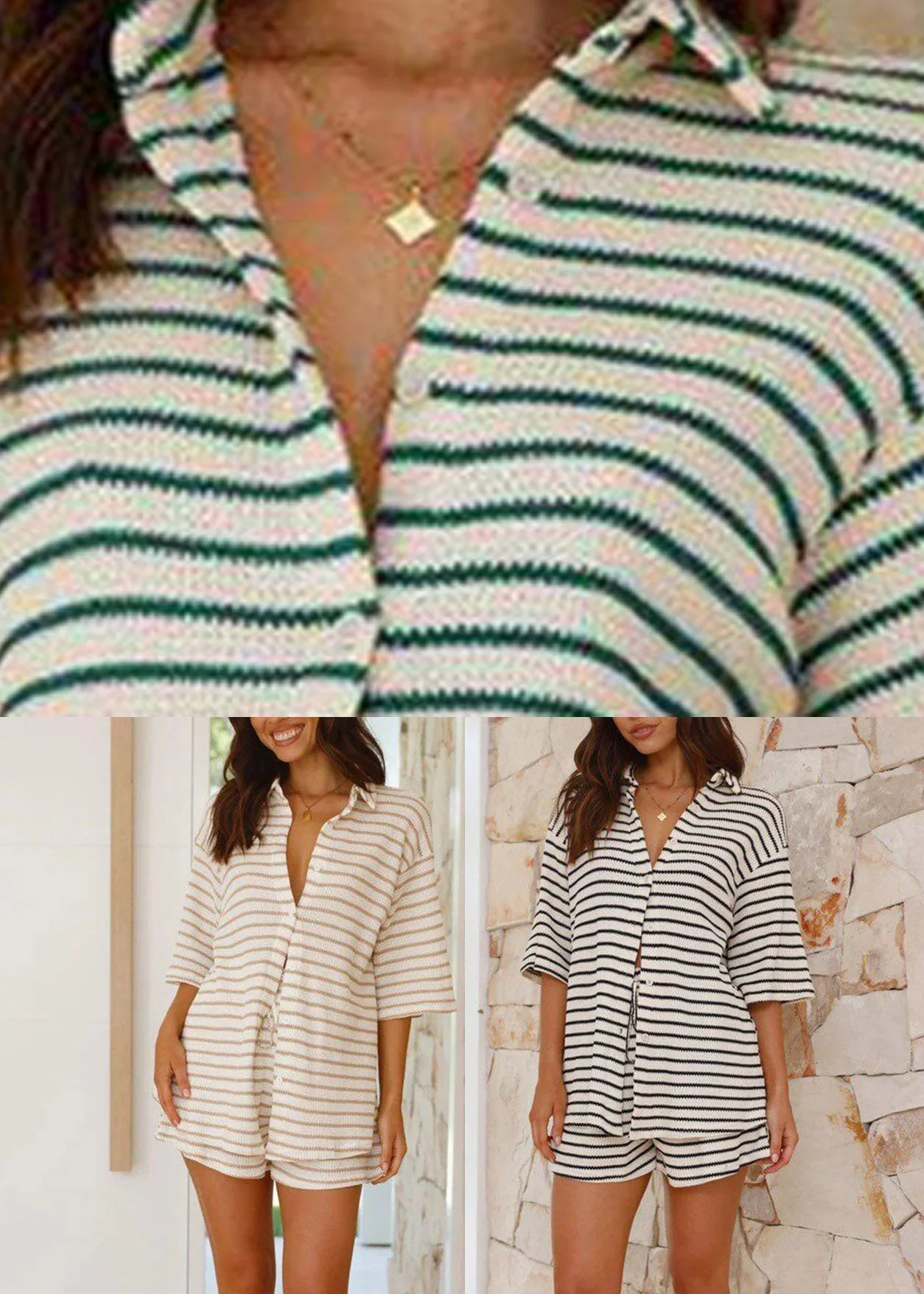 Khaki Striped Butto Shirts And Shorts Two-Piece Set Short Sleeve - Image 5