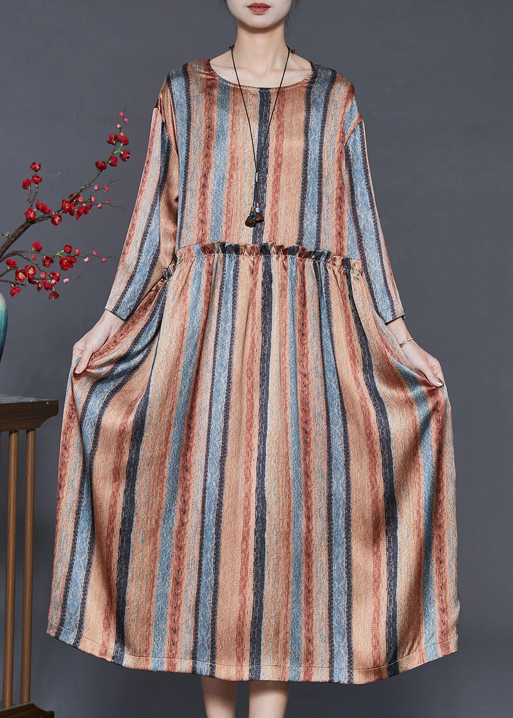 Khaki Striped Cotton Dresses Ruffled Spring - Image 2