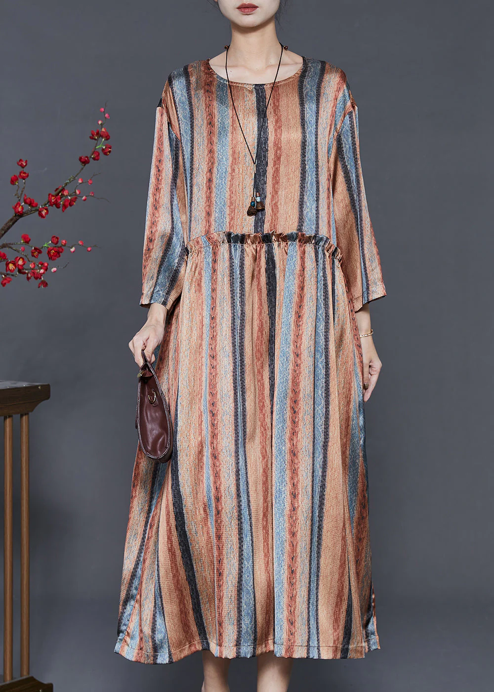 Khaki Striped Cotton Dresses Ruffled Spring - Image 3