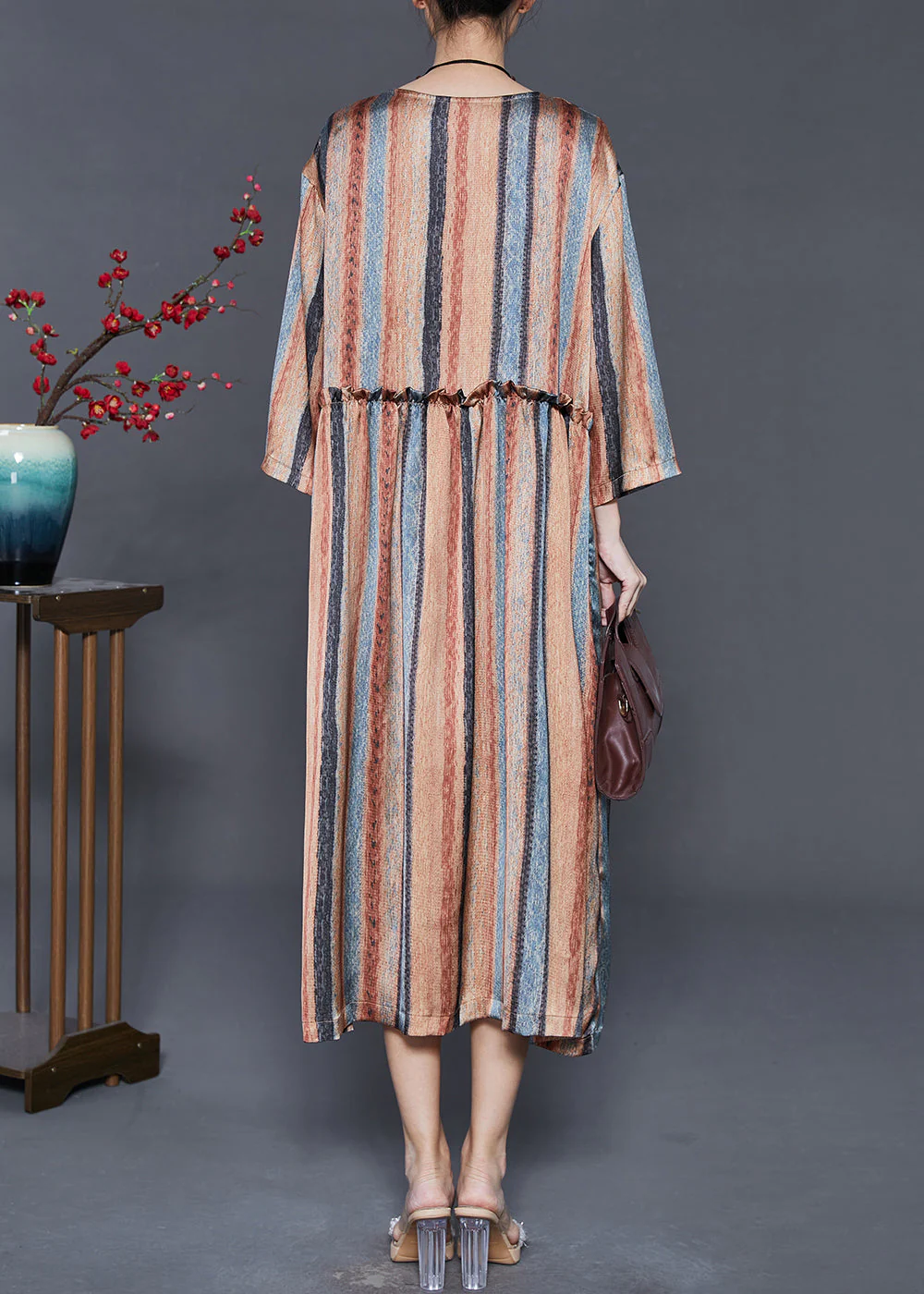 Khaki Striped Cotton Dresses Ruffled Spring - Image 4