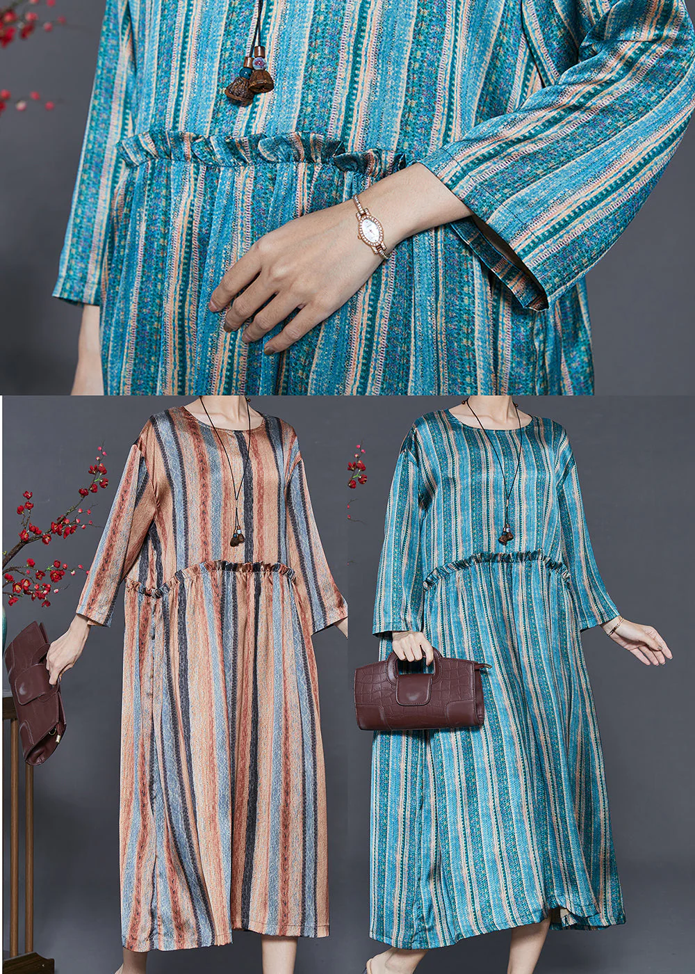 Khaki Striped Cotton Dresses Ruffled Spring - Image 5