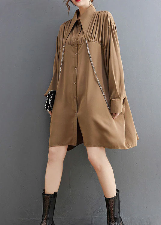 Khaki wrinkled Button Holiday Shirt Dress Long Sleeve - Image 2