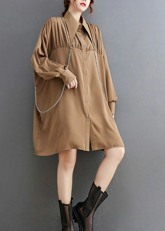Khaki wrinkled Button Holiday Shirt Dress Long Sleeve - Image 3