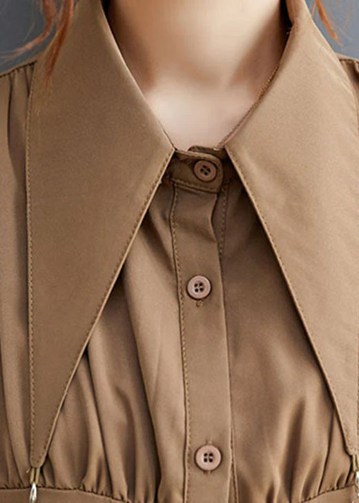 Khaki wrinkled Button Holiday Shirt Dress Long Sleeve - Image 4