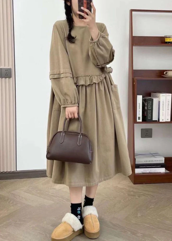 Khaki Wrinkled Cotton Long Dress O Neck Long Sleeve - Image 2