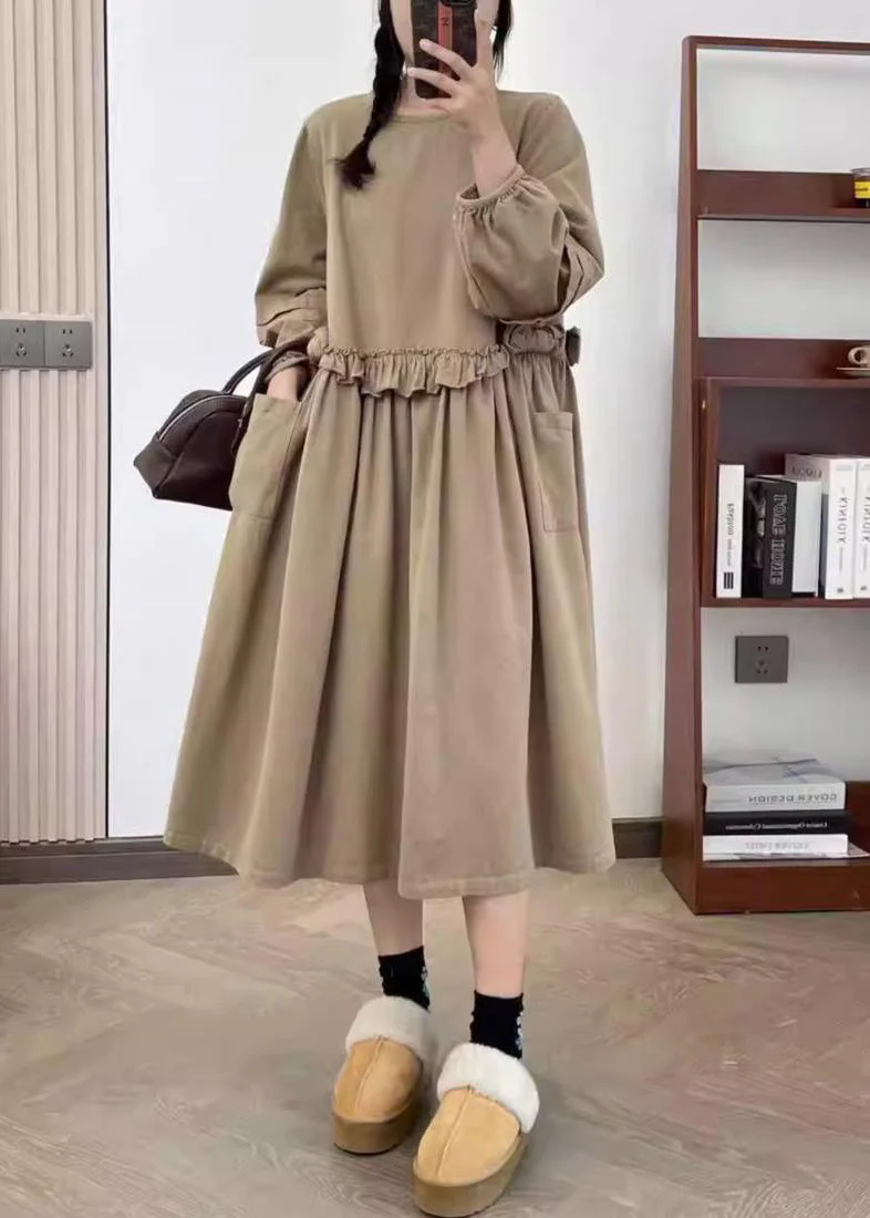 Khaki Wrinkled Cotton Long Dress O Neck Long Sleeve - Image 3