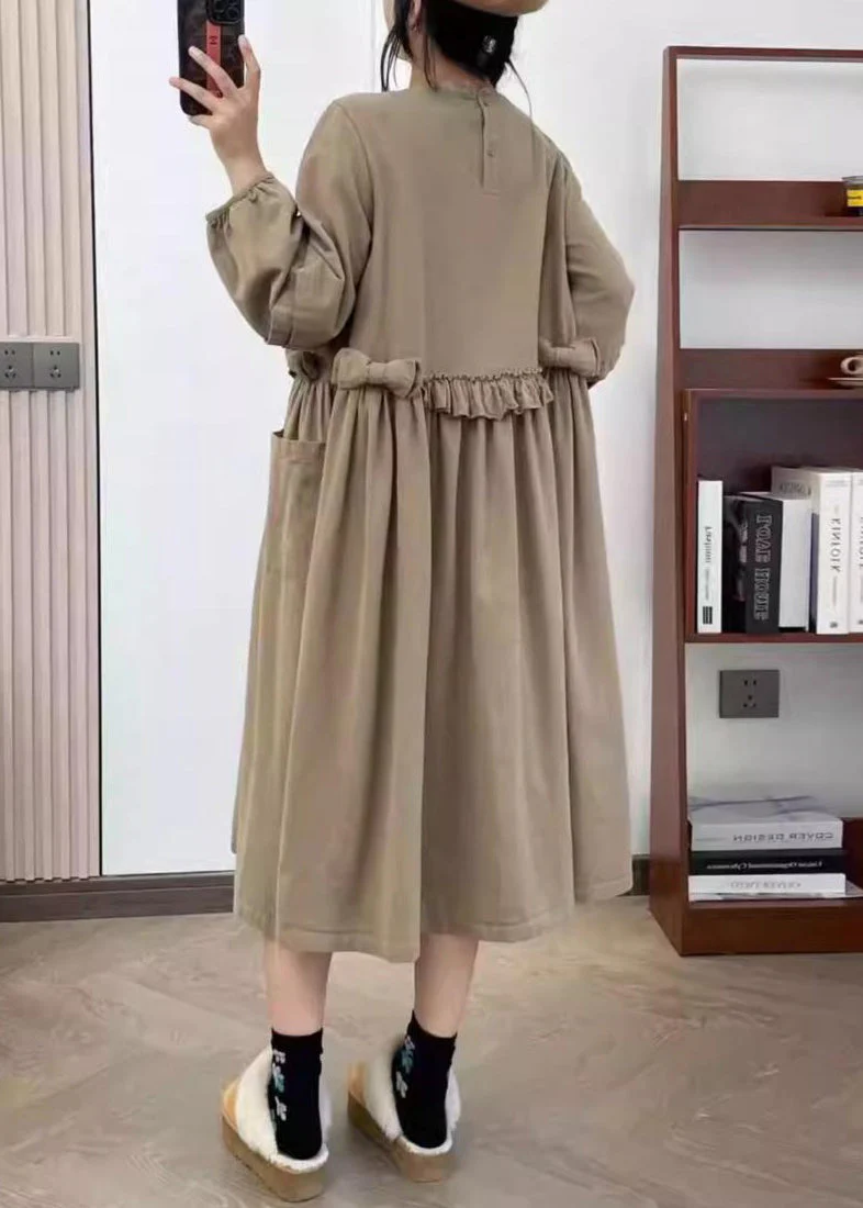 Khaki Wrinkled Cotton Long Dress O Neck Long Sleeve - Image 4