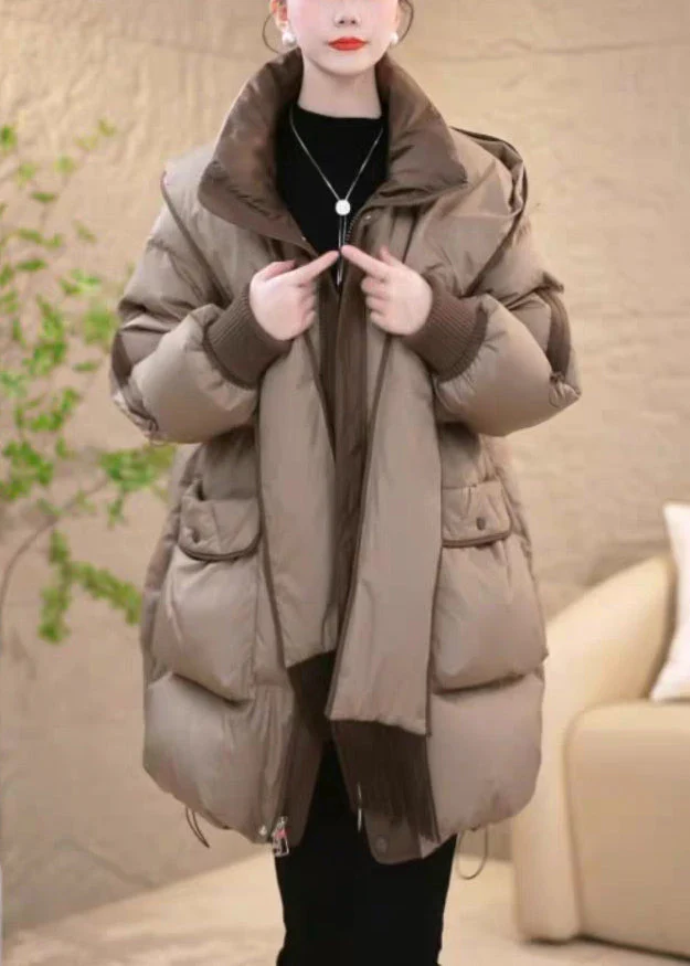 Khaki Zippered Drawstring Removable Patchwork Duck Down Down Coat Hooded - Image 2