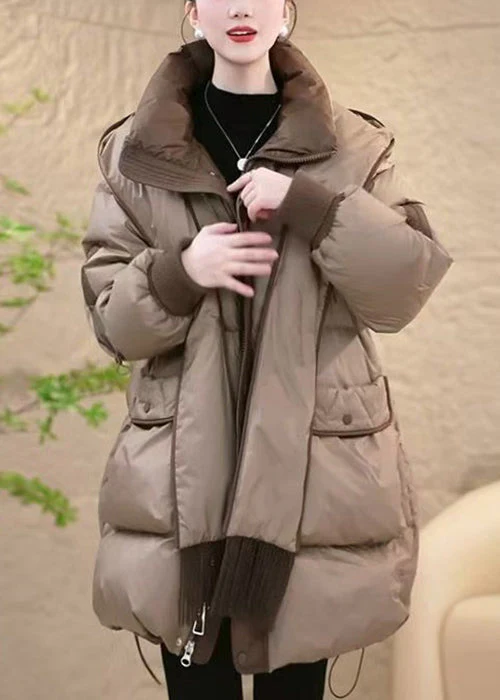 Khaki Zippered Drawstring Removable Patchwork Duck Down Down Coat Hooded - Image 4