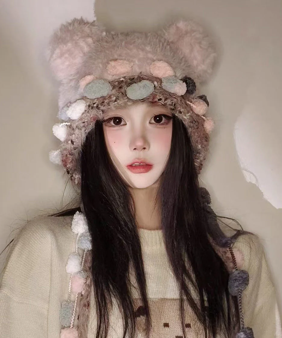 Korean Cute Versatile Pink Warm Thick Fur Knitted Hat