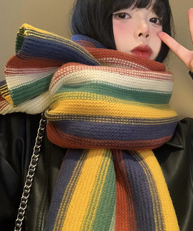 Korean Rainbow Striped Thick Warm Knitted Scarf - Image 2