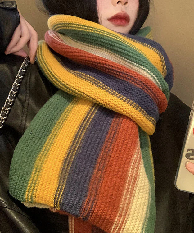 Korean Rainbow Striped Thick Warm Knitted Scarf - Image 4