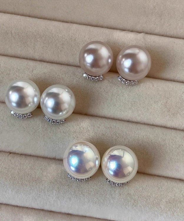 Korean Style Round Pearl Zircon Studded Stud Earrings - Image 5