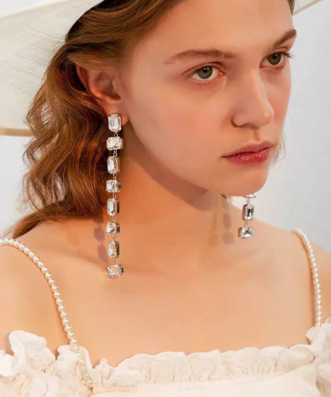 Korean Style Version Zircon Silver Needle Long Earrings - Image 3