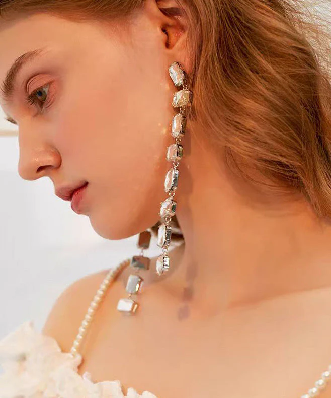 Korean Style Version Zircon Silver Needle Long Earrings - Image 5