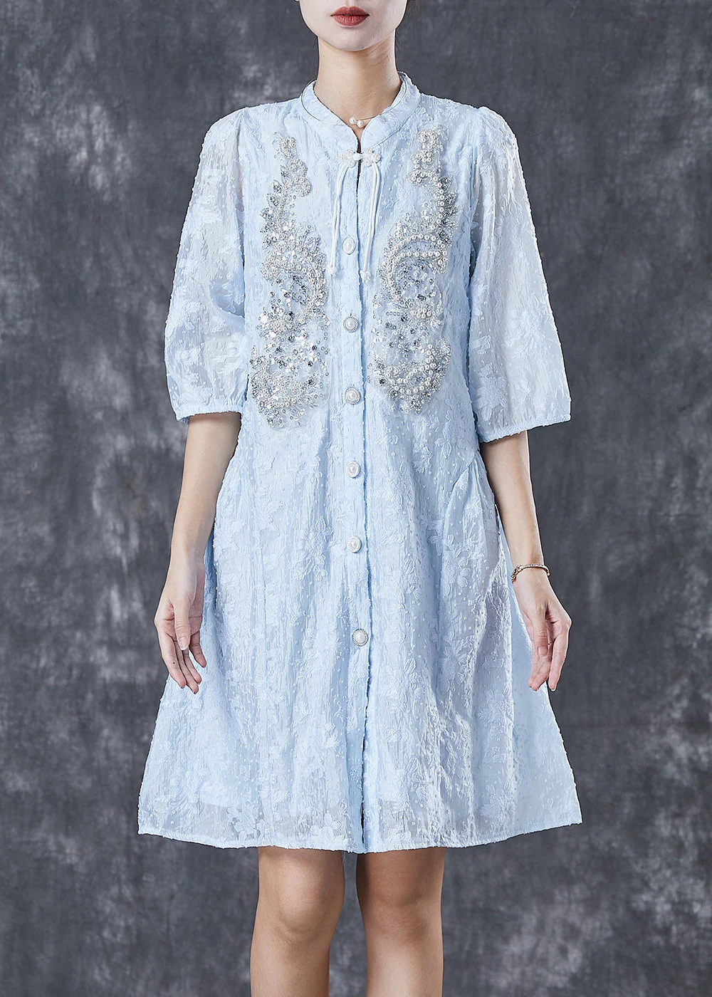 Lake Blue Cotton Party Dress Nail Bead Chinese Button Summer