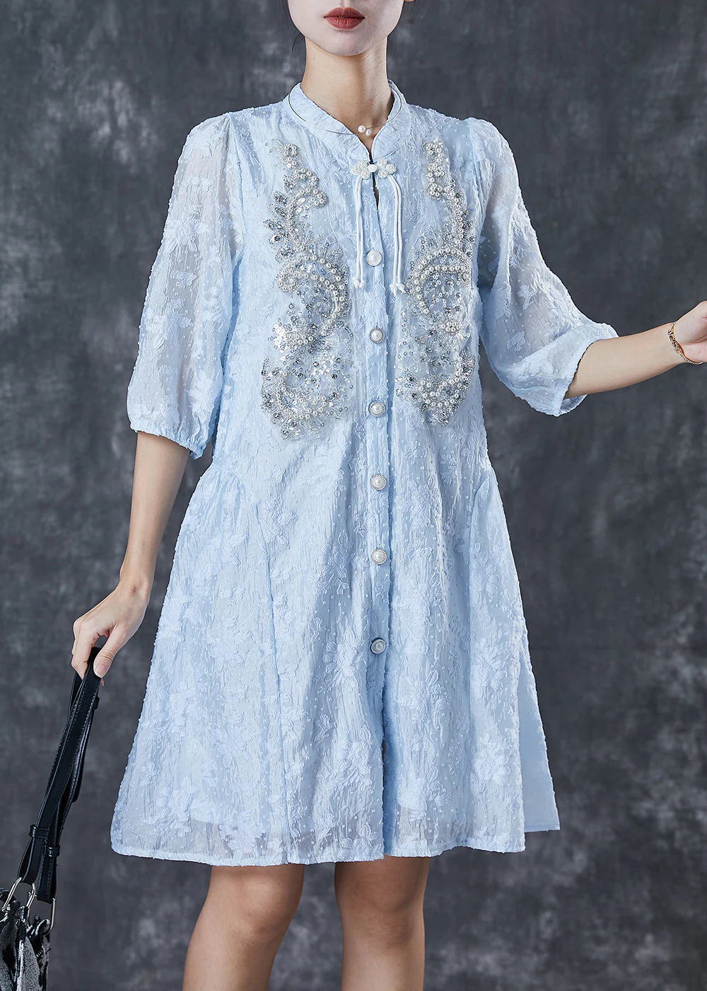 Lake Blue Cotton Party Dress Nail Bead Chinese Button Summer - Image 2