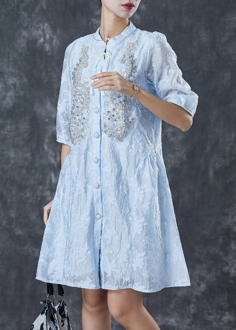 Lake Blue Cotton Party Dress Nail Bead Chinese Button Summer - Image 3