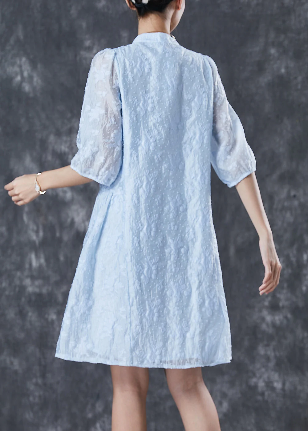 Lake Blue Cotton Party Dress Nail Bead Chinese Button Summer - Image 4