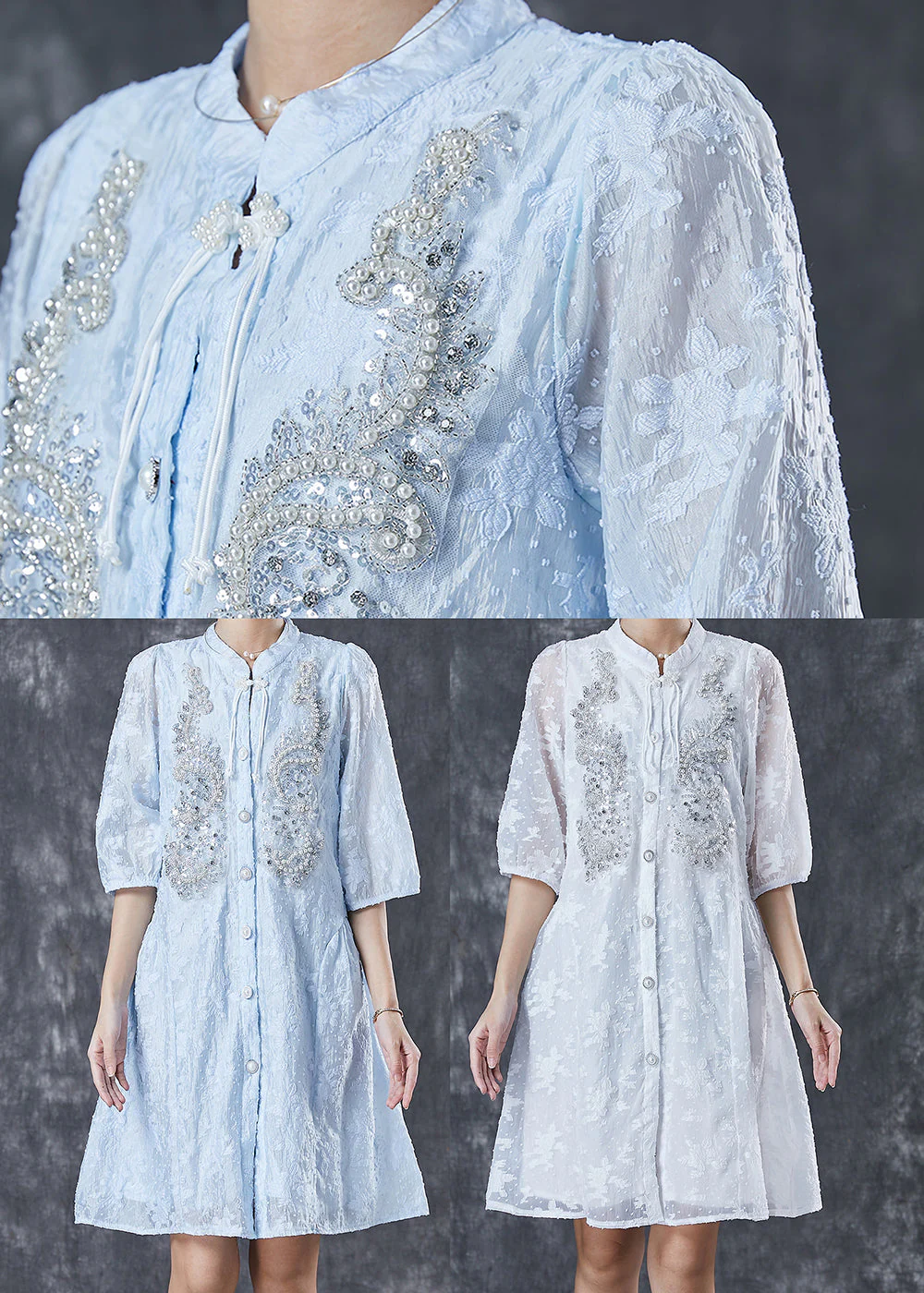 Lake Blue Cotton Party Dress Nail Bead Chinese Button Summer - Image 5