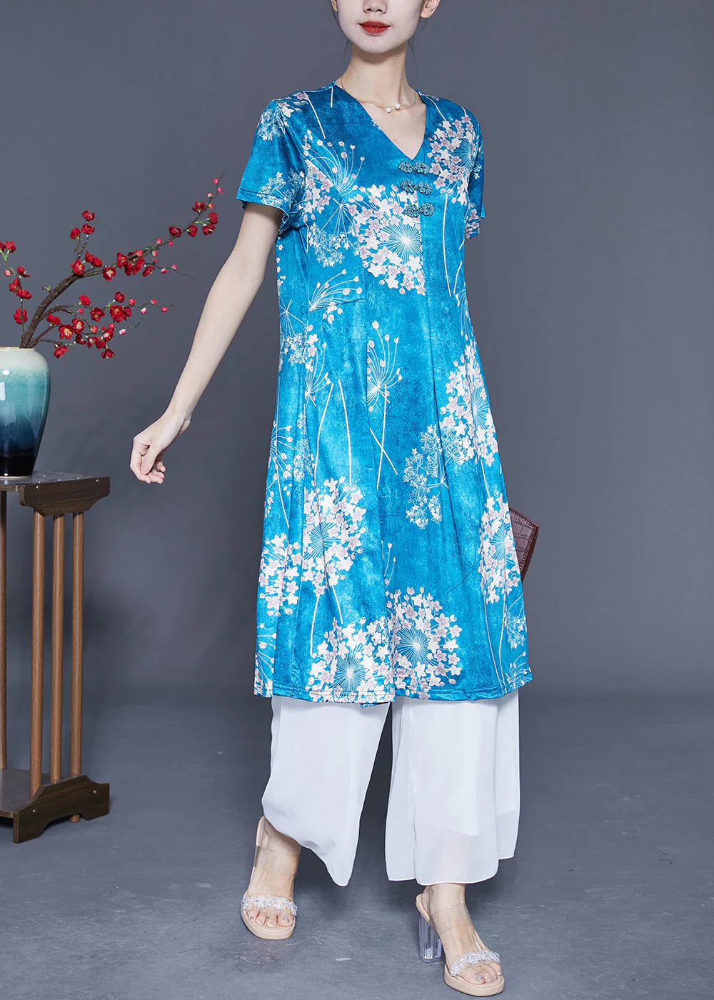 Lake Blue Print Silk A Line Dress Chinese Button Summer - Image 3
