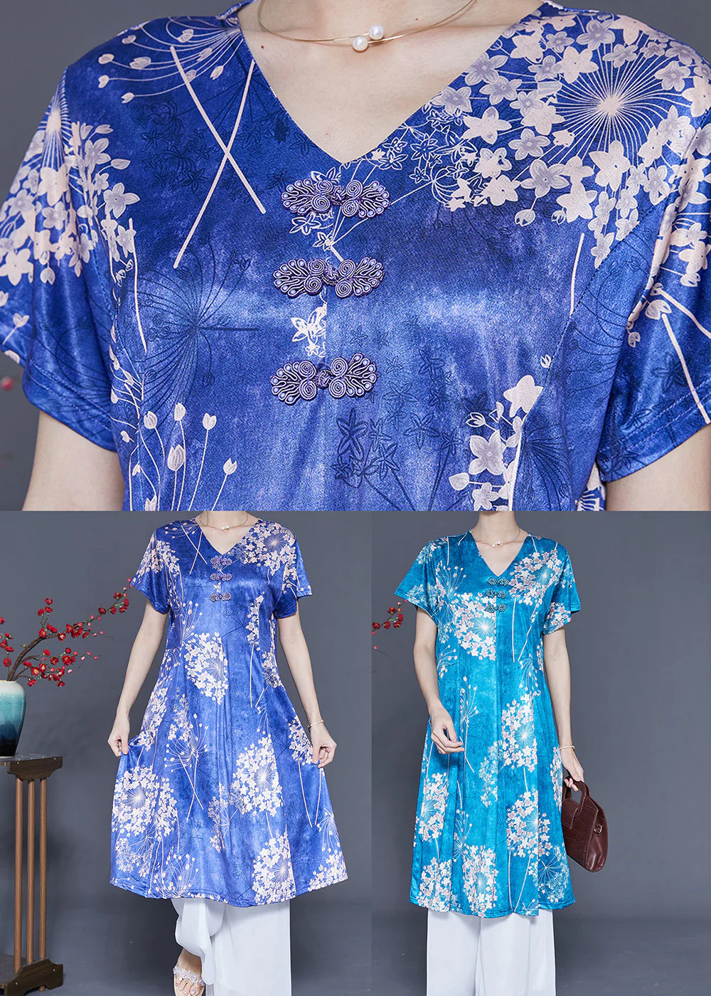 Lake Blue Print Silk A Line Dress Chinese Button Summer - Image 5