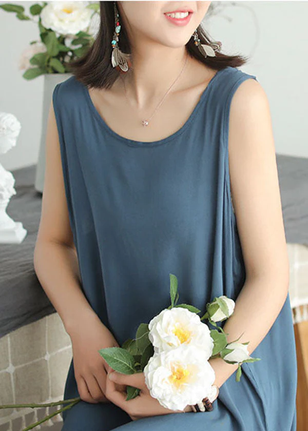 Lake Blue Solid Cotton Spaghetti Strap Dresses Summer - Image 4