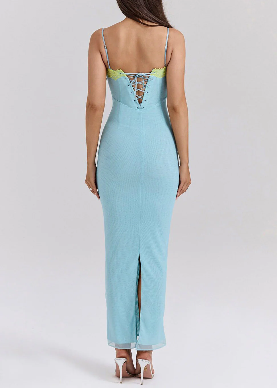 Lake Blue Tie Waist Solid Tulle Long Spaghetti Strap Dress Dresses Summer - Image 4