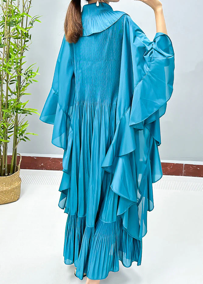 Lake Blue Wrinkled Cotton Long Dress Turtleneck Spring - Image 4