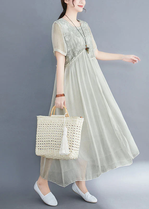 Lake Green Loose Silk Dresses O-Neck Ruffled Short Sleeve - Image 2