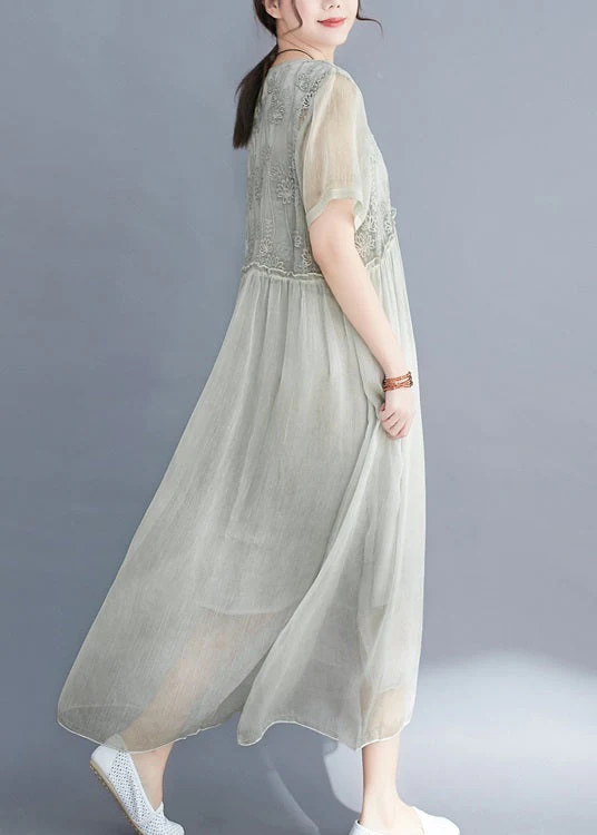 Lake Green Loose Silk Dresses O-Neck Ruffled Short Sleeve - Image 3