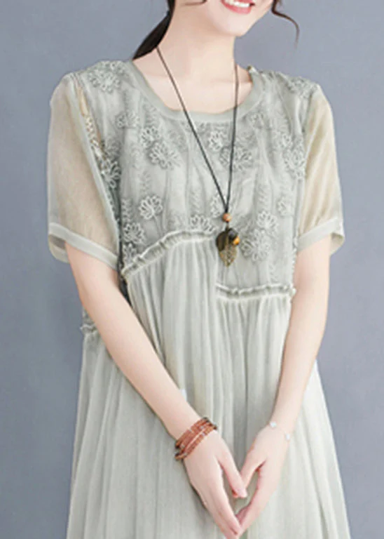 Lake Green Loose Silk Dresses O-Neck Ruffled Short Sleeve - Image 4